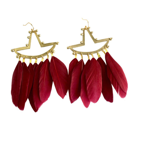Tumi Earrings in Bronze with Crimson Feathers